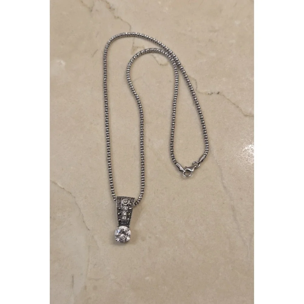 Vintage‎ Sterling Silver Marcasite & CZ Pendant 16